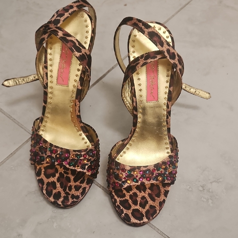 Betsey Johnson Leopard Heels with Gold and Multicolor Accents